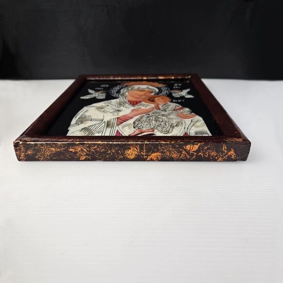 Byzantine Orthodox Icon Theotokos Madonna & Child Mother of Pearl Inlay Framed - Picture 11 of 13